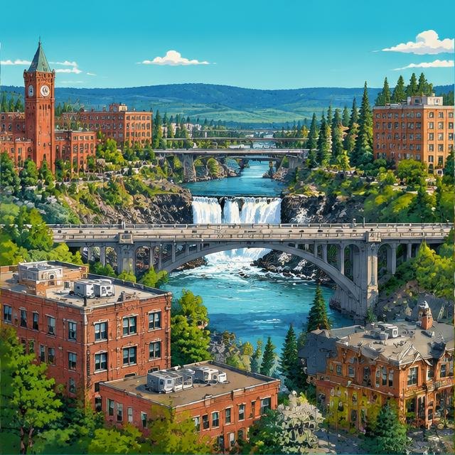 Illustration of Spokane buildings and rooftops for local service marketing