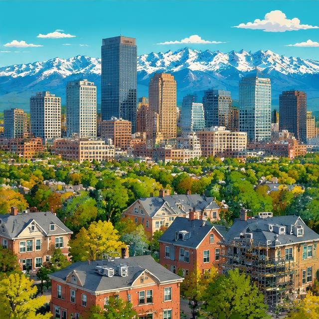 Illustration of Denver buildings and rooftops for local service marketing