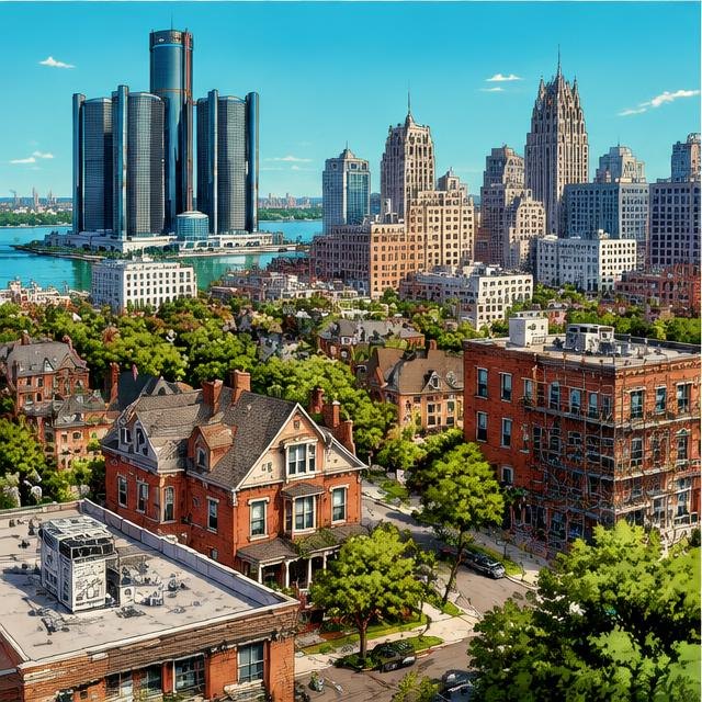Illustration of Detroit buildings and rooftops for local service marketing