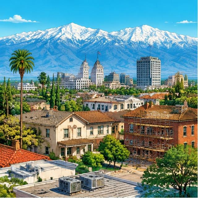 Illustration of Fresno buildings and rooftops for local service marketing