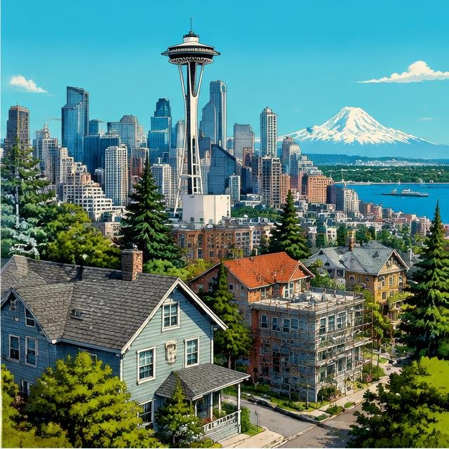 Illustration of Seattle buildings and rooftops for local service marketing