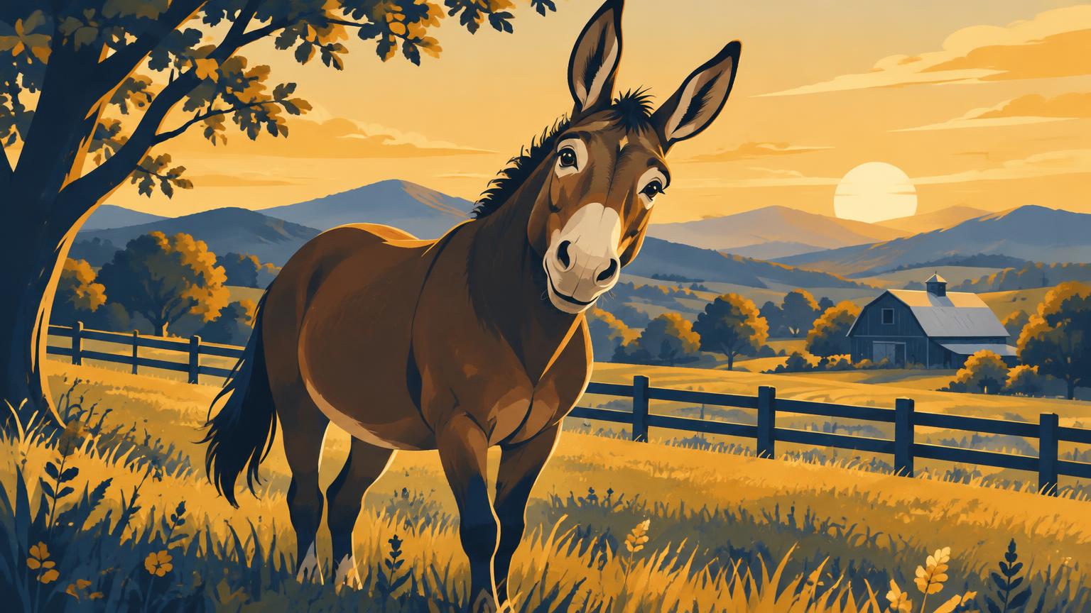 A friendly mule in a Tennessee pasture at sunset