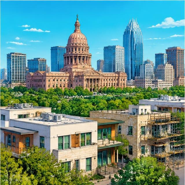 Illustration of Austin buildings and rooftops for local service marketing