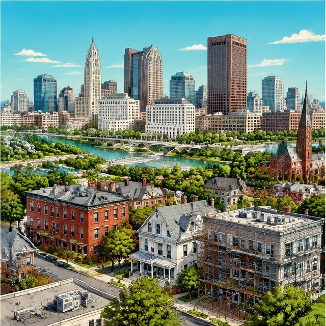 Illustration of Columbus buildings and rooftops for local service marketing