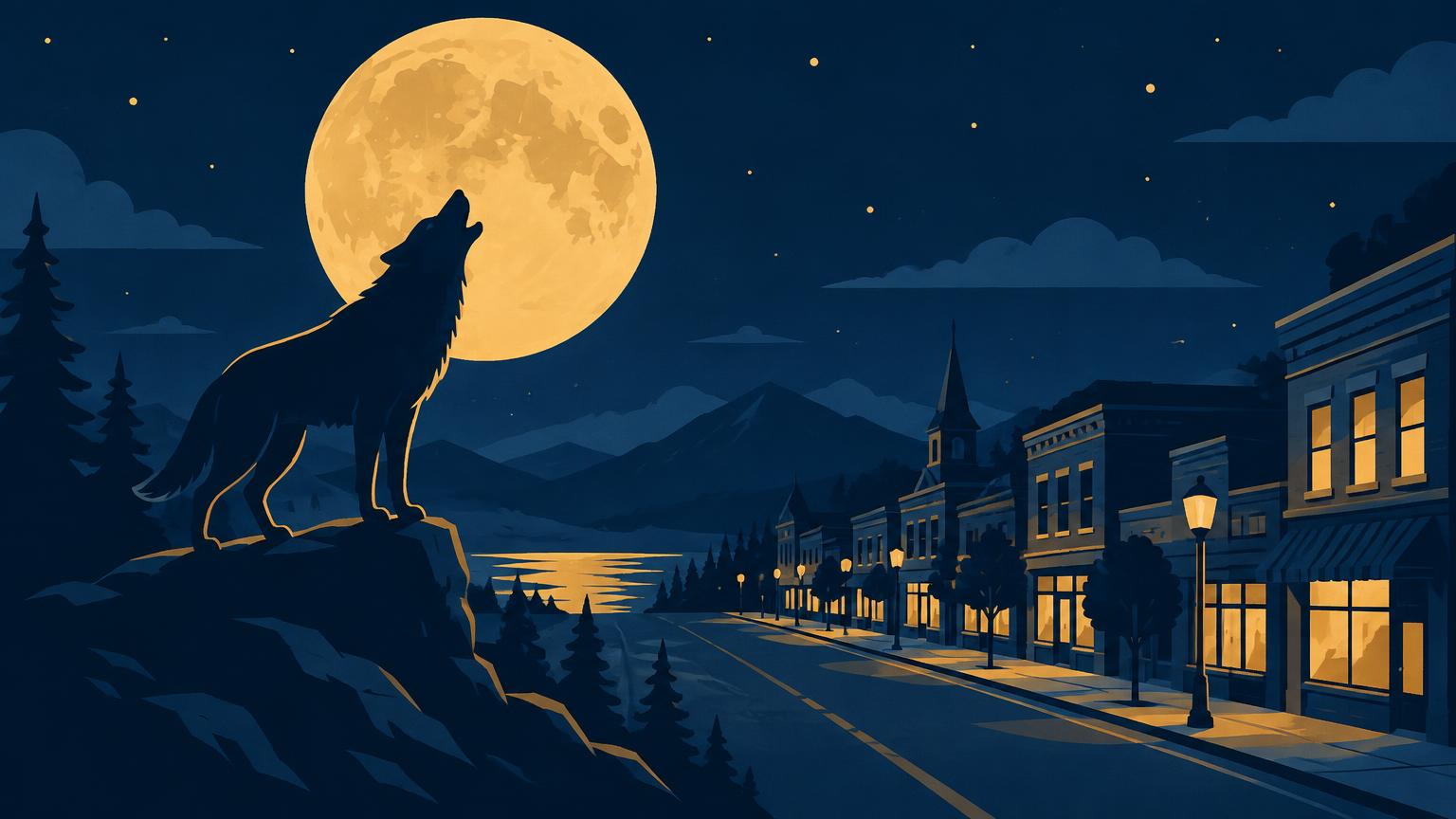 Wolf howling at the full moon above a small-town main street