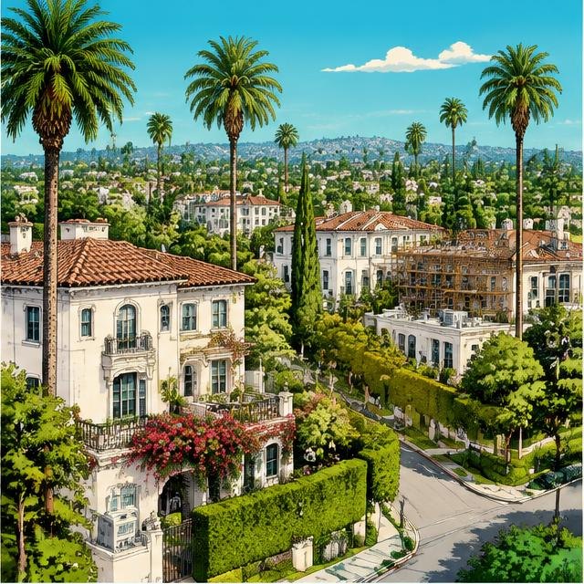 Illustration of Beverly Hills buildings and rooftops for local service marketing