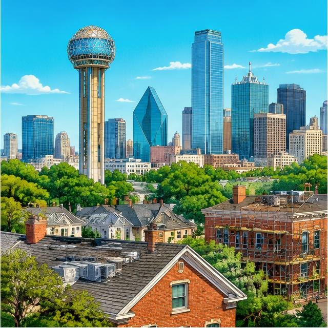 Illustration of Dallas buildings and rooftops for local service marketing