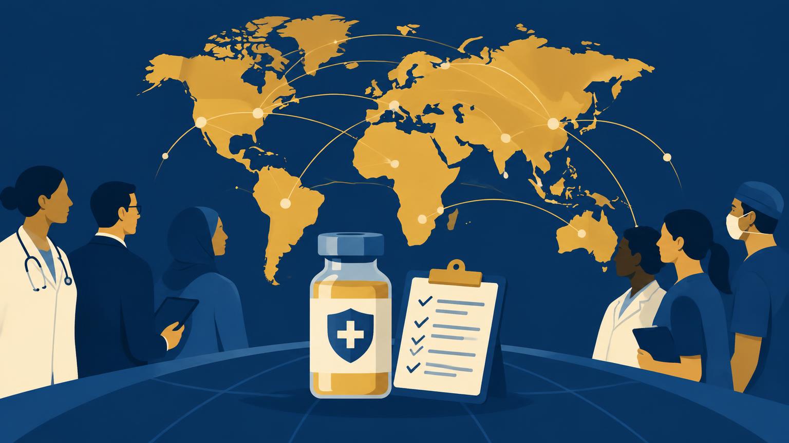 World map with connected points, a vaccine vial and a checklist